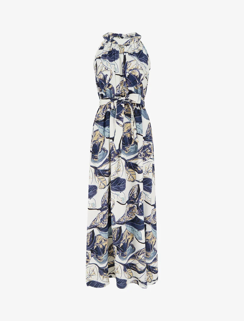 Elastisches langes Kleid mit Blattdruck - Marine