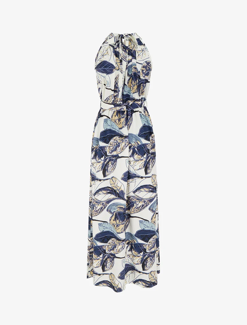 Elastisches langes Kleid mit Blattdruck - Marine