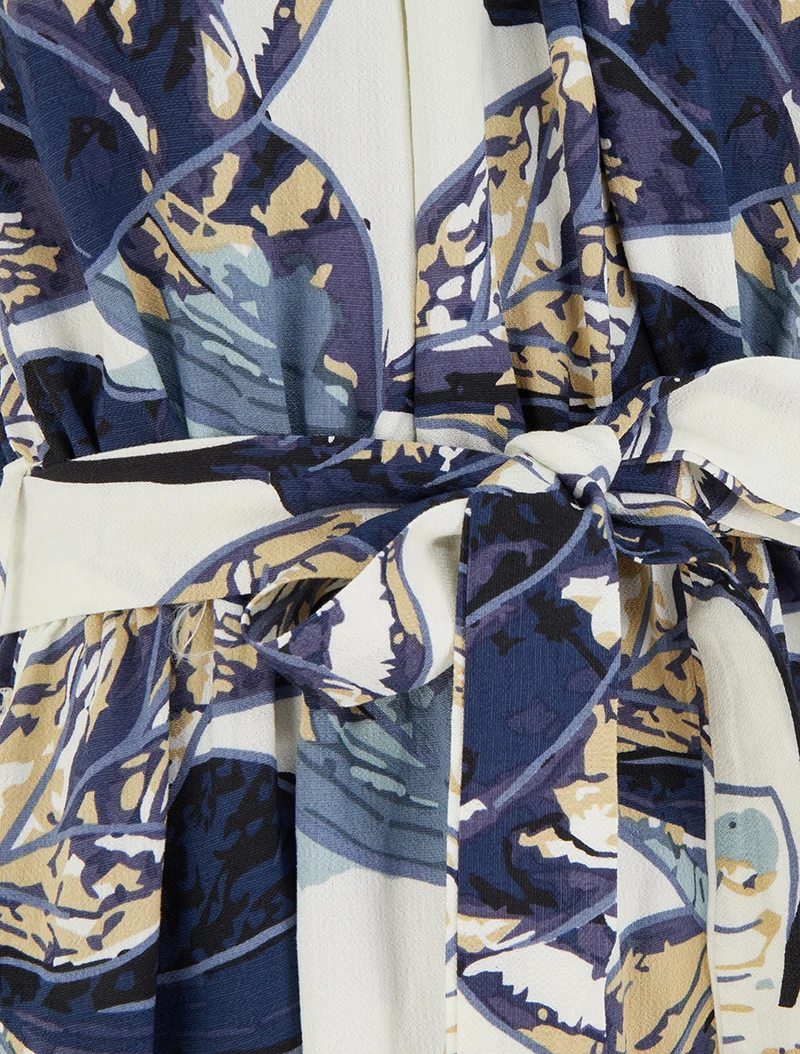 Elastisches langes Kleid mit Blattdruck - Marine