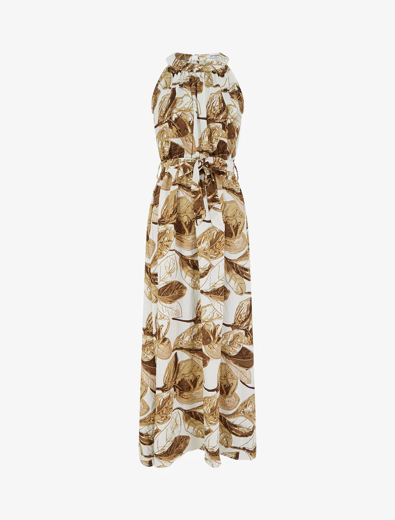 Elastisches langes Kleid mit Blattdruck - Braun