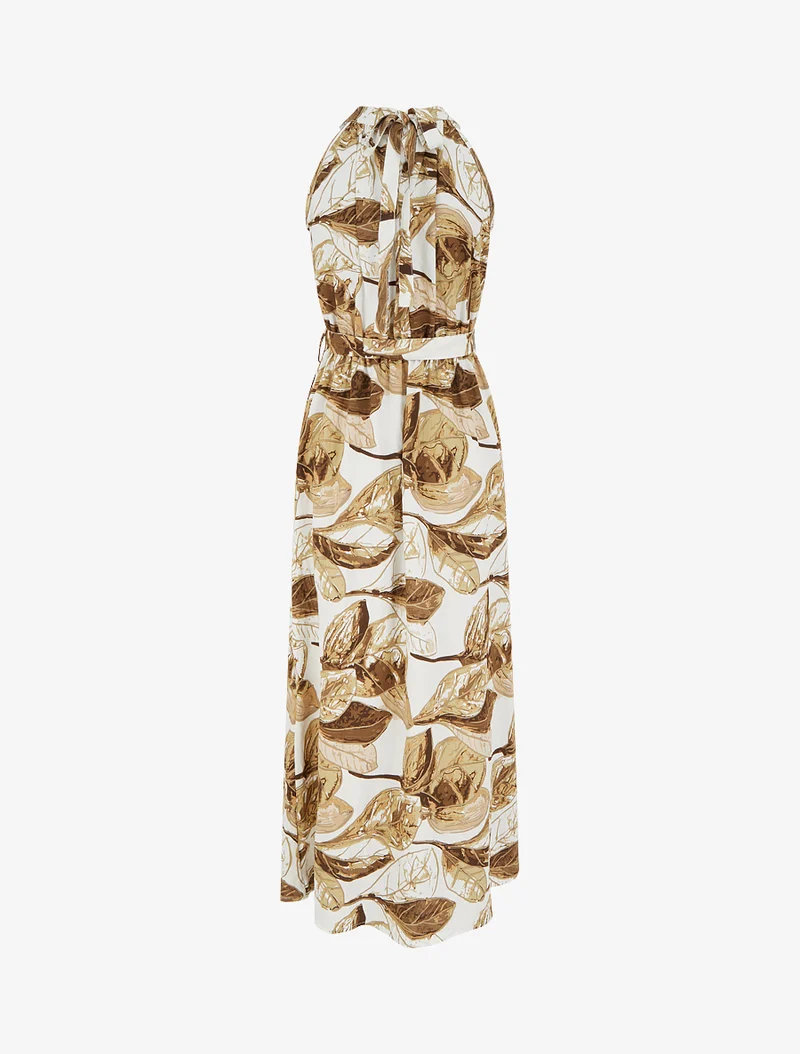 Elastisches langes Kleid mit Blattdruck - Braun