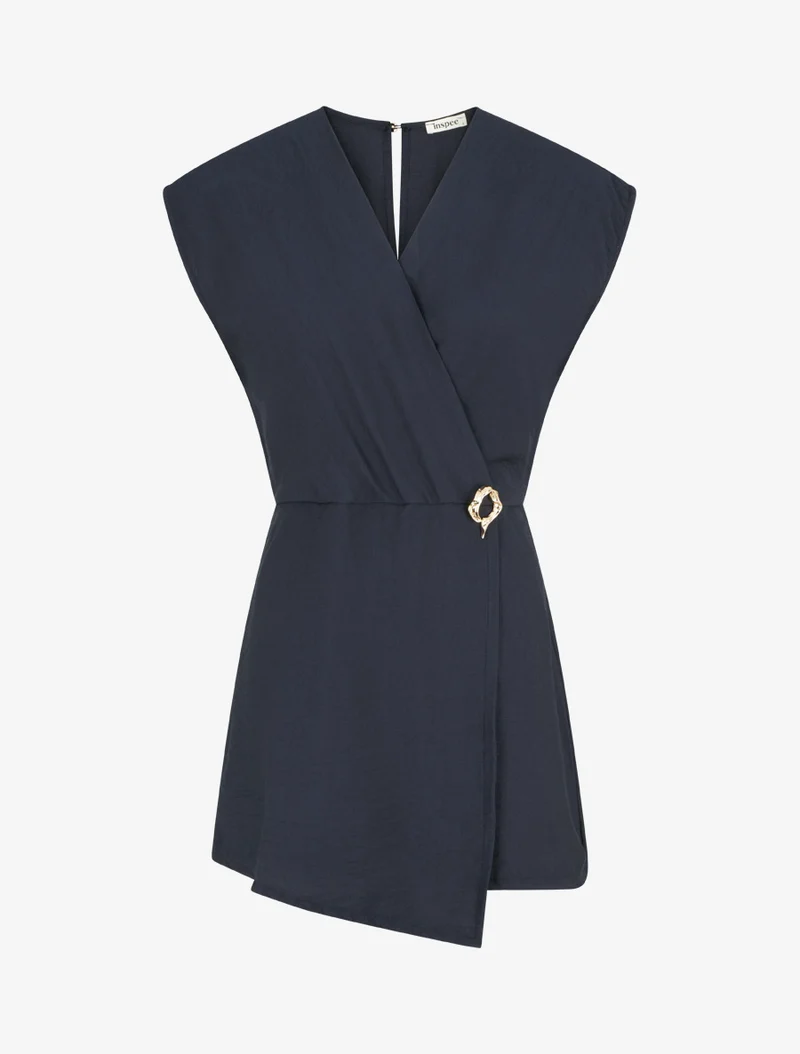Wickelkleid-Stil Jumpsuit mit Brosche - Marine