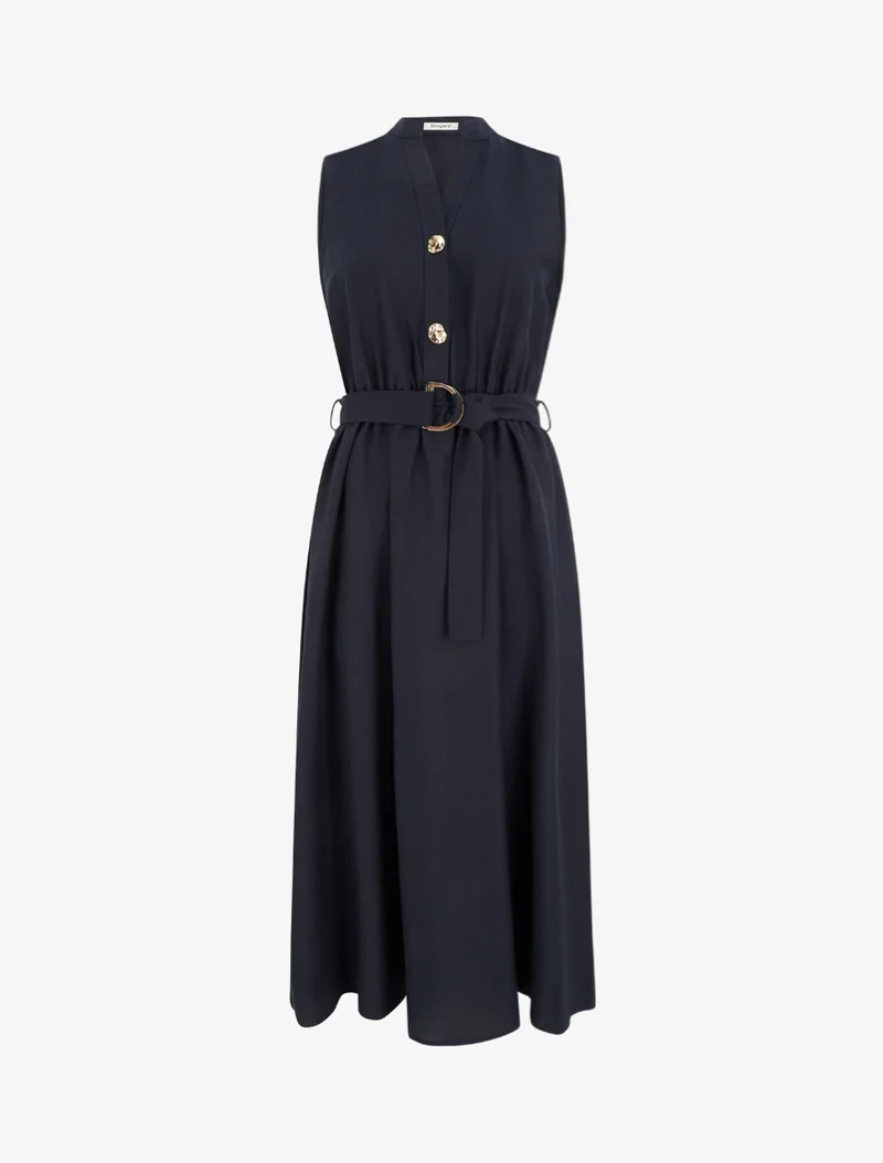 Langes einfarbiges Kleid in Leinenoptik - Marine