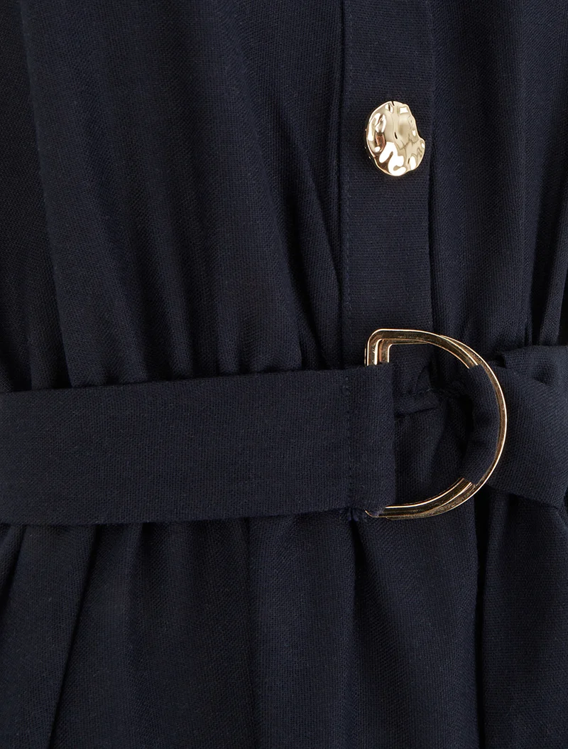 Langes einfarbiges Kleid in Leinenoptik - Marine