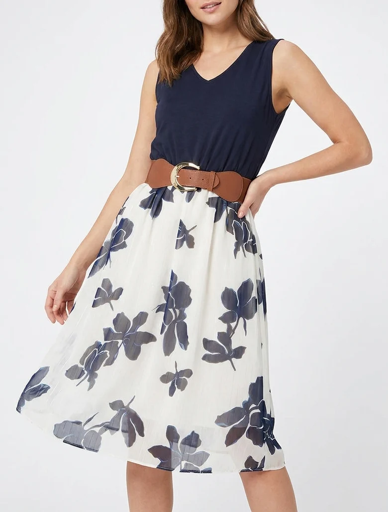 Ausgestelltes Kleid mit Blumenmuster - Marine