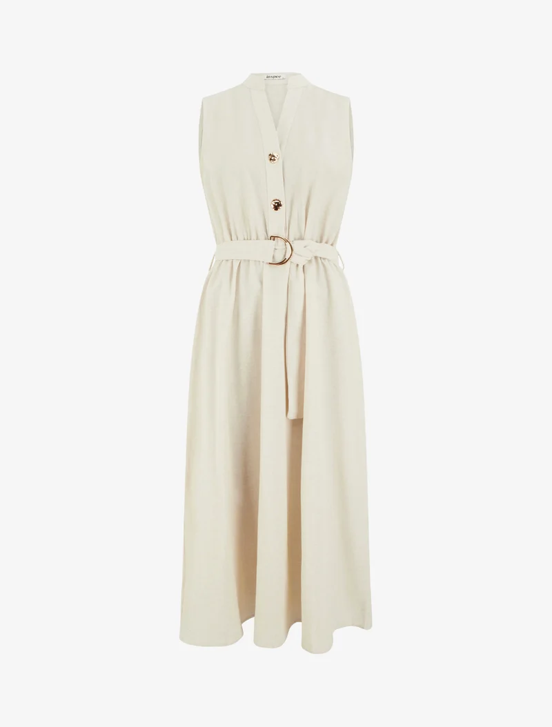 Langes einfarbiges Kleid in Leinenoptik - Beige