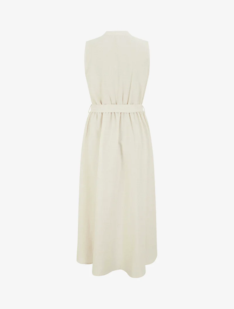 Langes einfarbiges Kleid in Leinenoptik - Beige