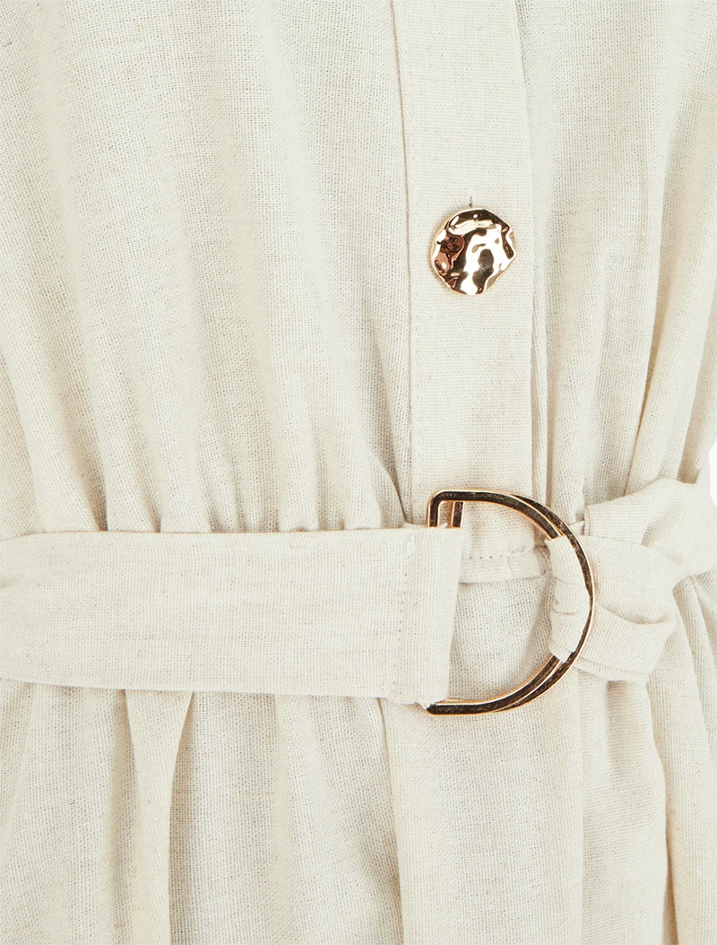 Langes einfarbiges Kleid in Leinenoptik - Beige