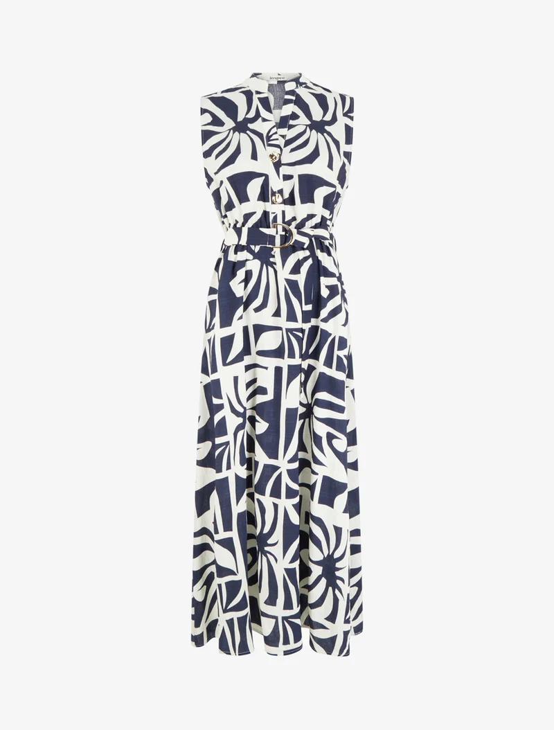 Langes Kleid mit stilisiertem Druck und dekorativen Knöpfen - Marine