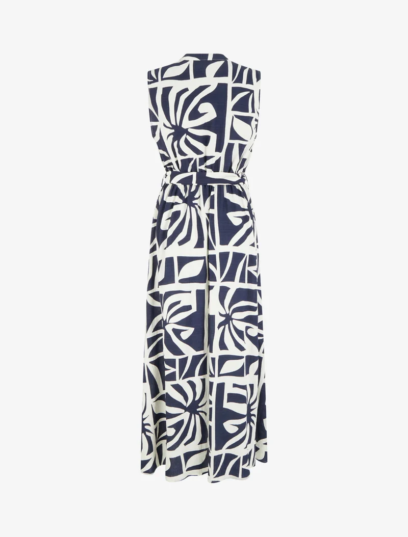 Langes Kleid mit stilisiertem Druck und dekorativen Knöpfen - Marine