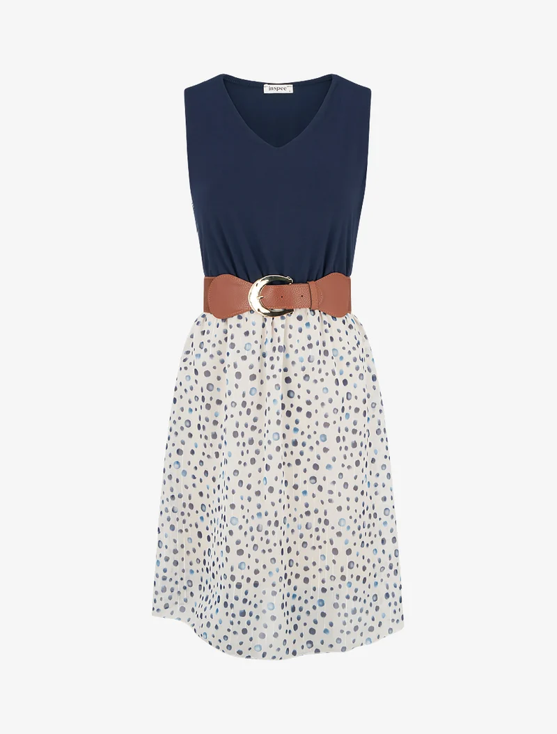 Kleid mit ausgestelltem Schnitt und fantasievollem Punktmuster - Marine
