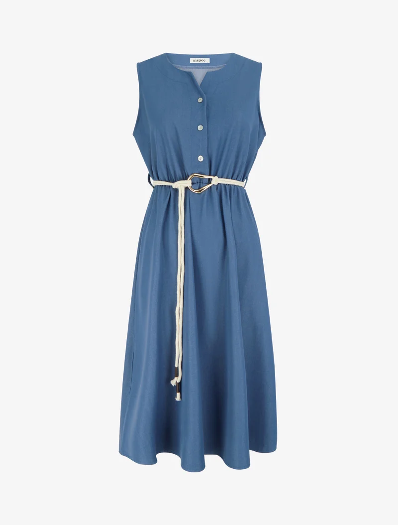 Langes einfarbiges Kleid mit elastischer Taille - Blau