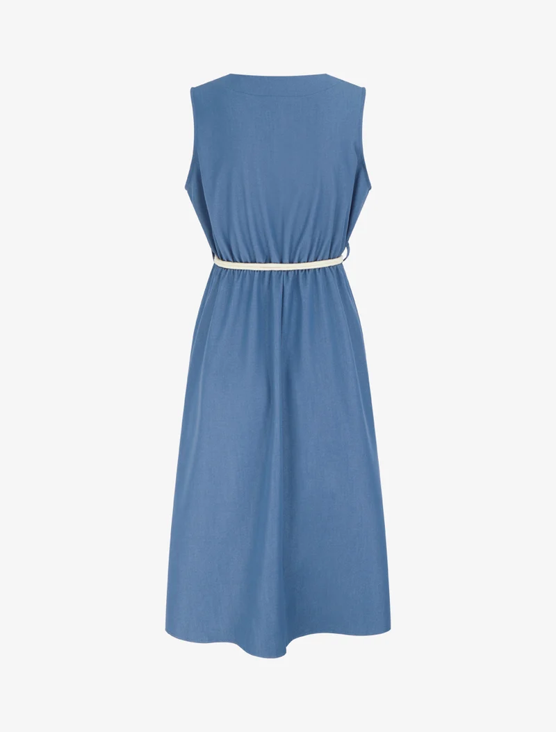 Langes einfarbiges Kleid mit elastischer Taille - Blau
