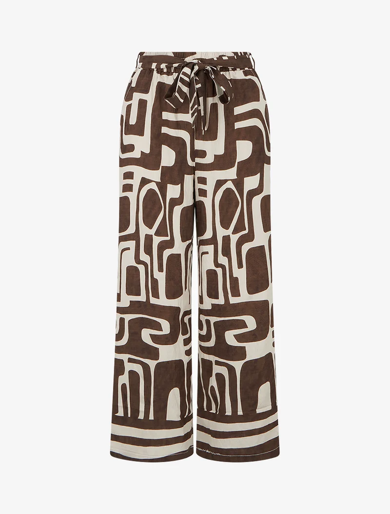 Gerade geschnittene Hose mit Gummizug und Fantasiemuster. - Braun