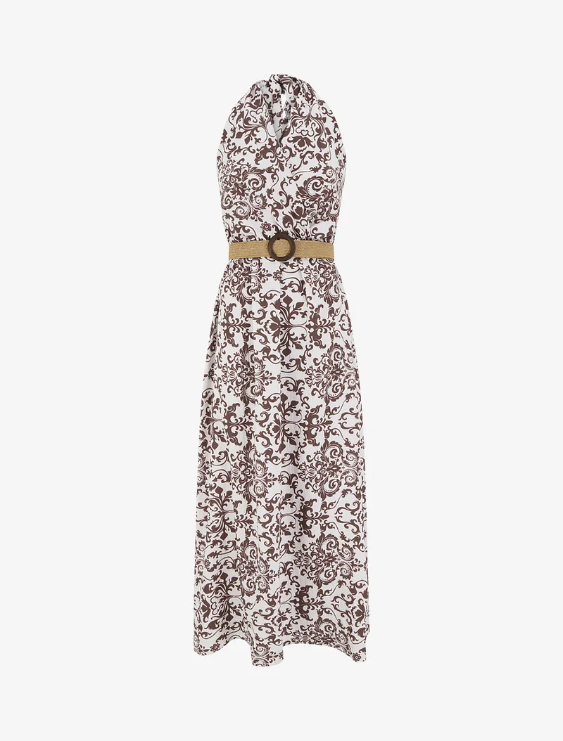 Rückenfreies langes Kleid mit Arabeskenmuster - Braun