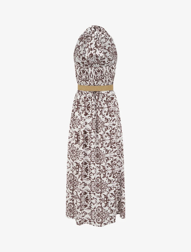 Rückenfreies langes Kleid mit Arabeskenmuster - Braun