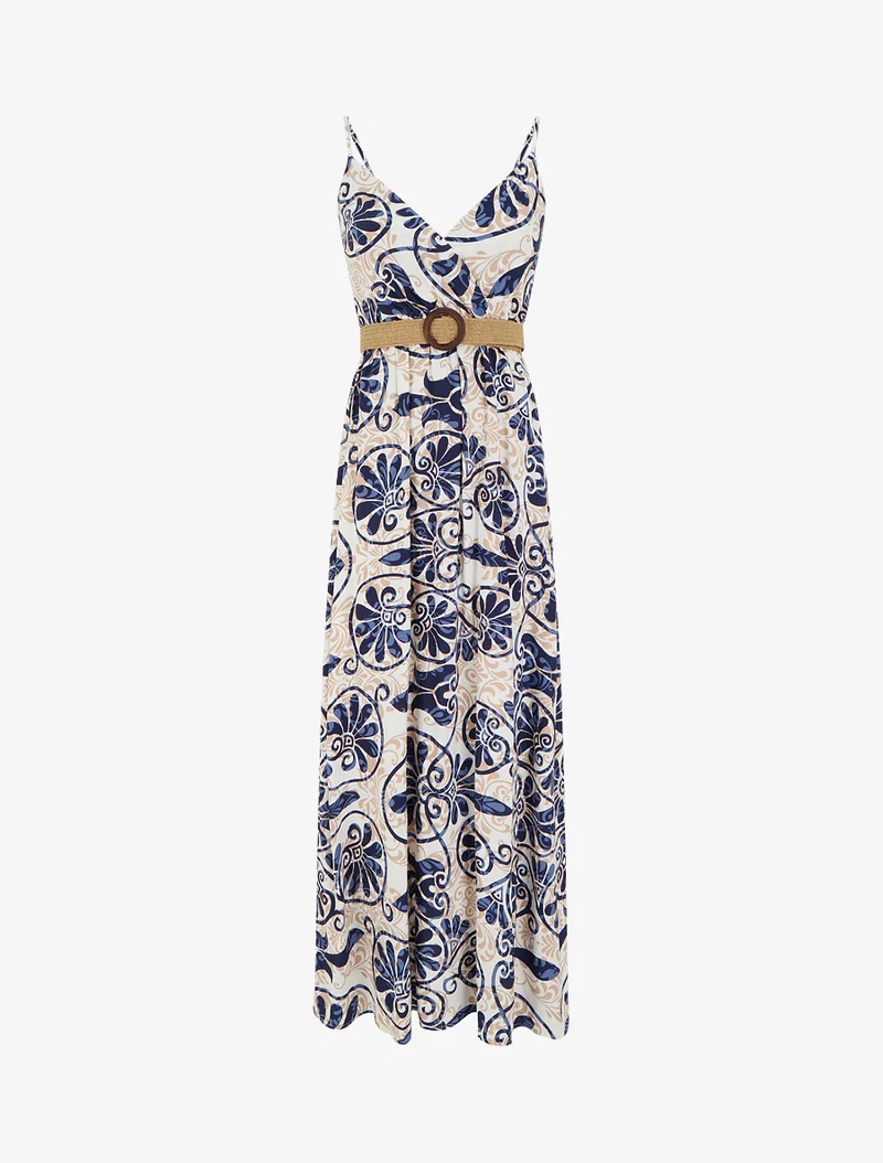 Langes, ausgestelltes Kleid mit stilisiertem Arabeskenmuster - Marine