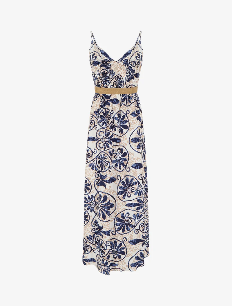 Langes, ausgestelltes Kleid mit stilisiertem Arabeskenmuster - Marine
