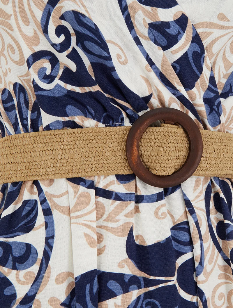 Langes, ausgestelltes Kleid mit stilisiertem Arabeskenmuster - Marine