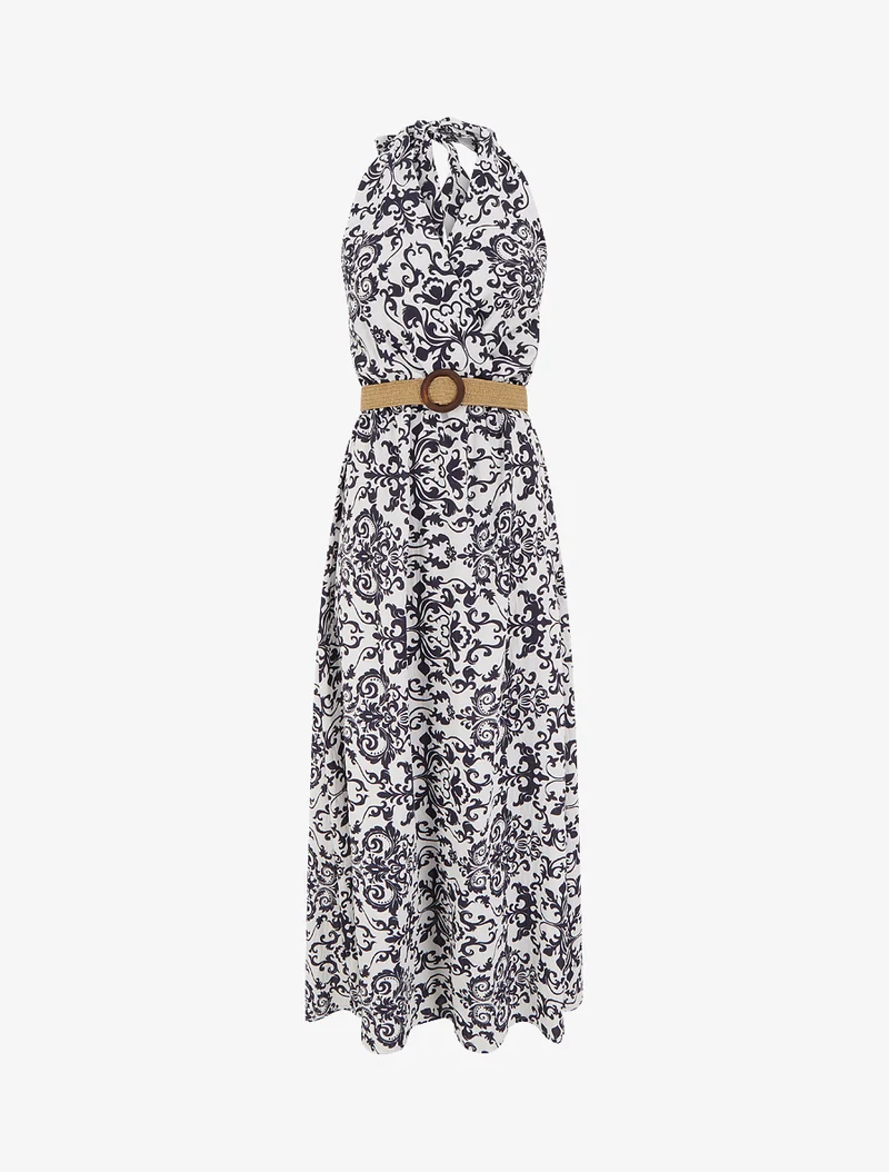 Rückenfreies langes Kleid mit Arabeskenmuster - Marine