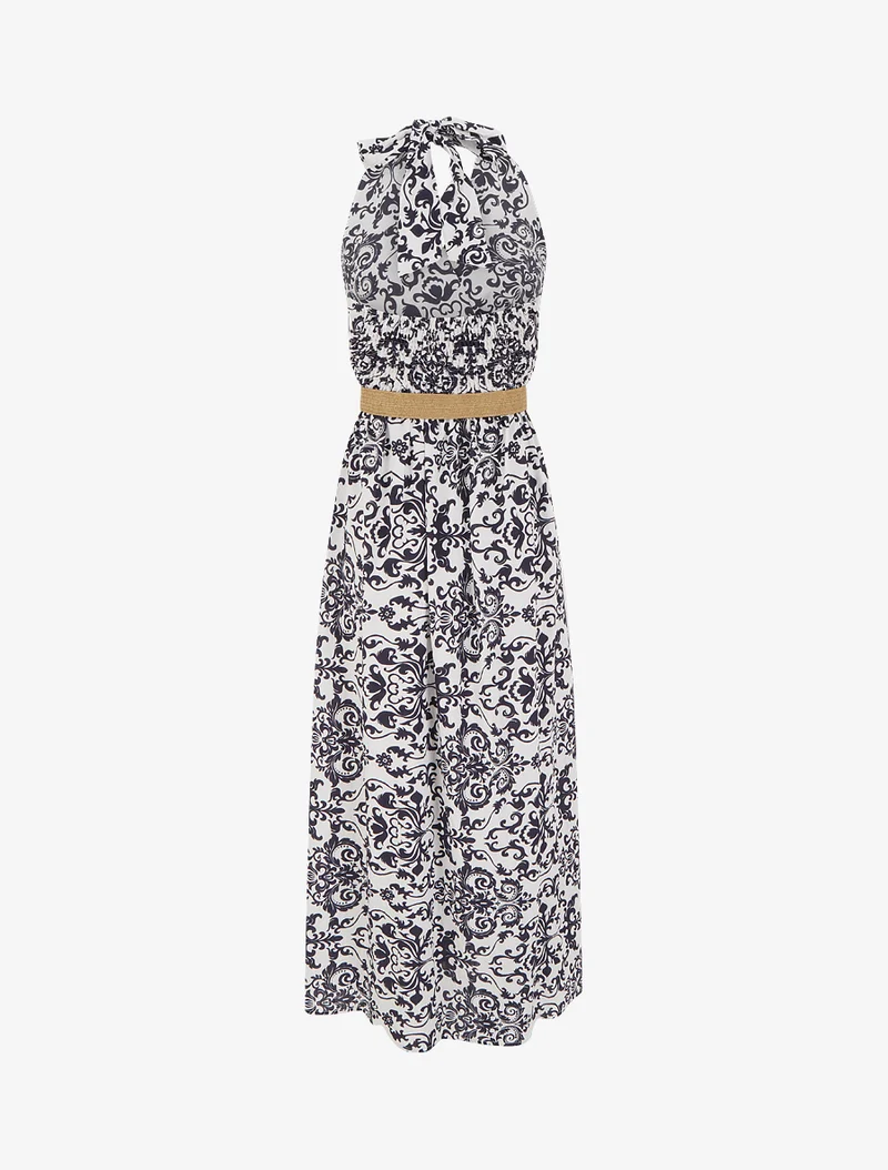 Rückenfreies langes Kleid mit Arabeskenmuster - Marine