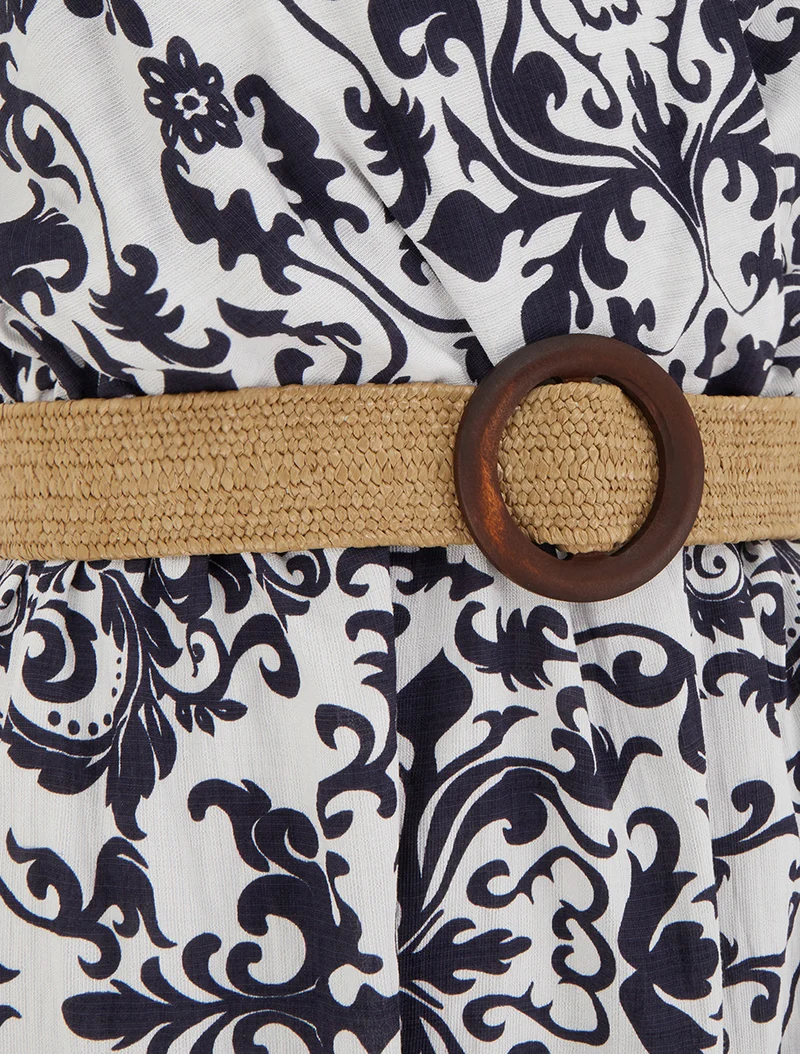 Rückenfreies langes Kleid mit Arabeskenmuster - Marine