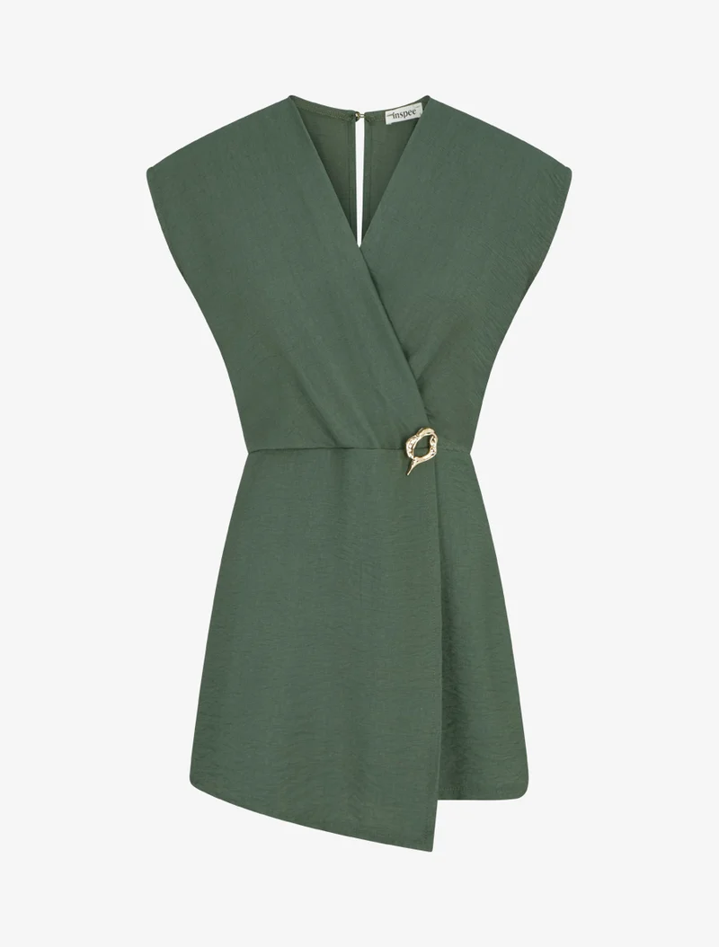 Wickelkleid-Stil Jumpsuit mit Brosche - Kaki