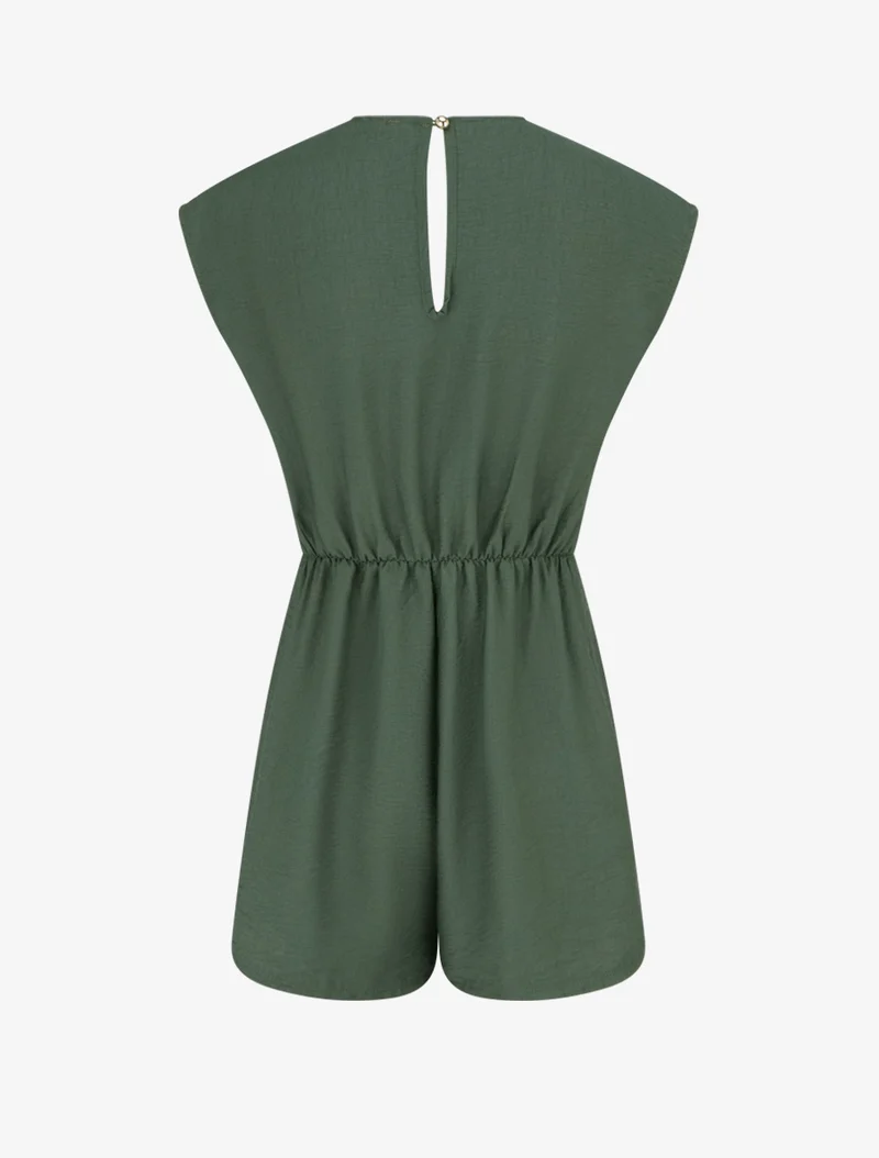 Wickelkleid-Stil Jumpsuit mit Brosche - Kaki