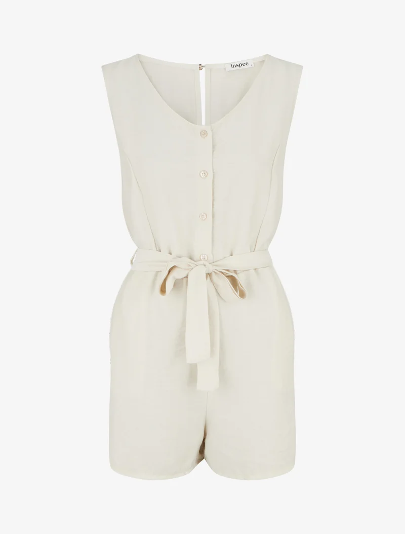 Ärmelloser, geknöpfter Jumpsuit - Beige