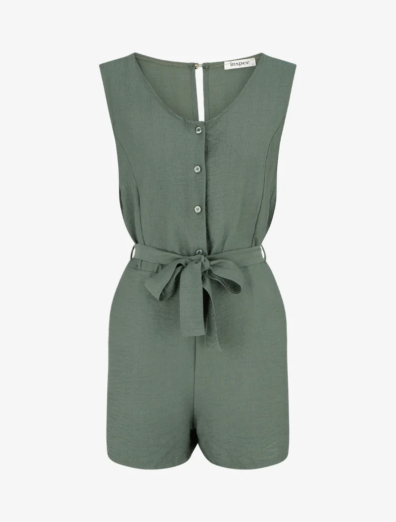 Ärmelloser, geknöpfter Jumpsuit - Kaki