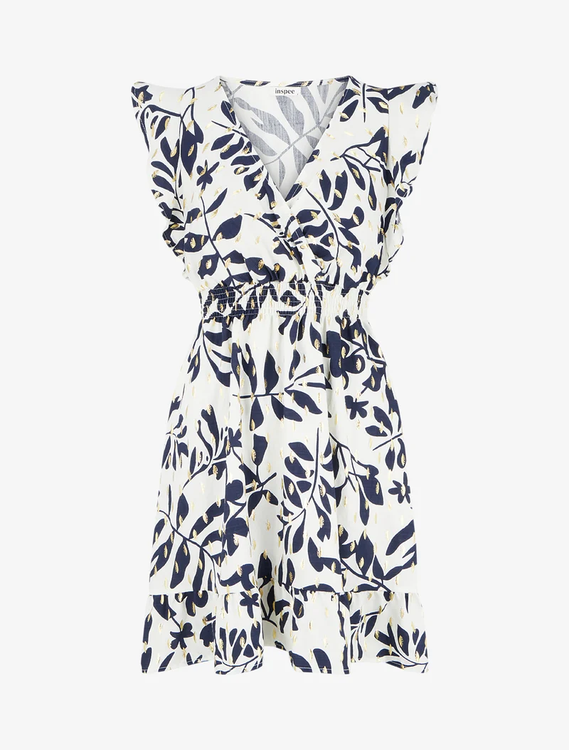 Kleid mit Blattmuster und elastischer Taille - Marine
