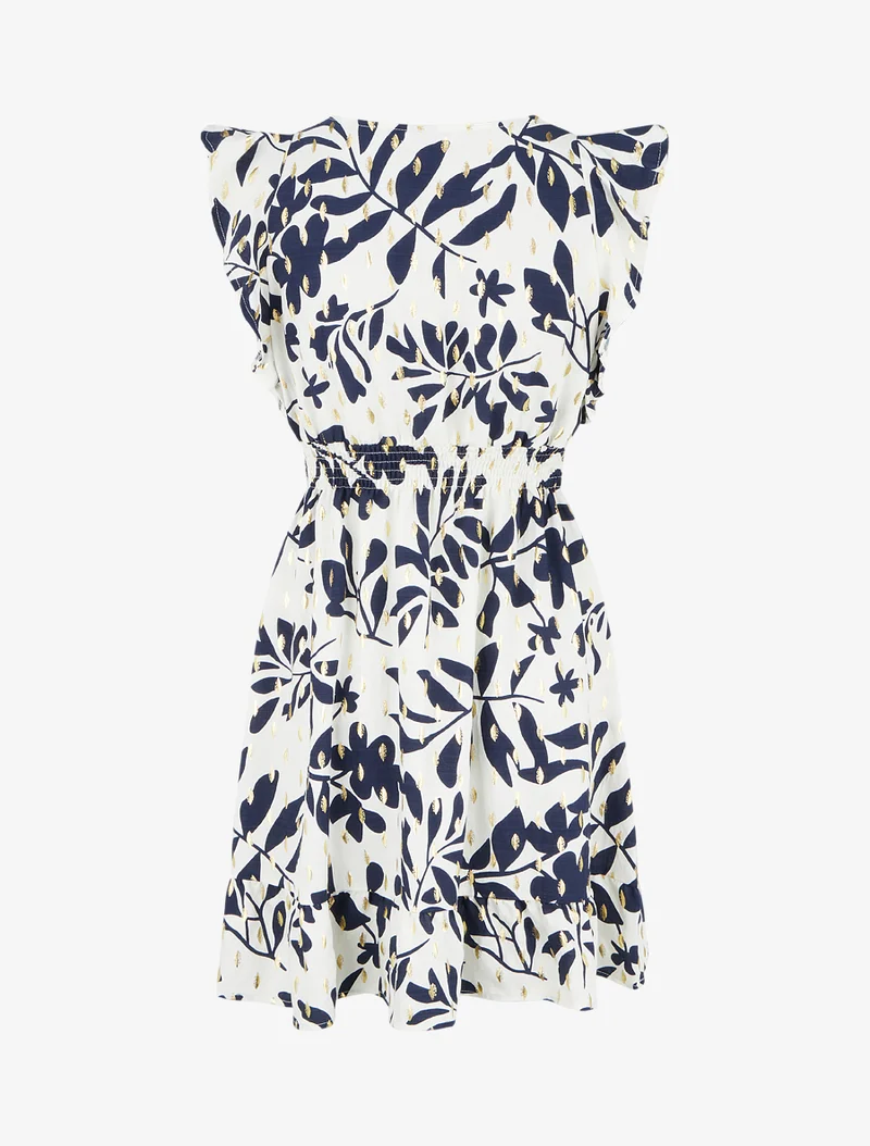 Kleid mit Blattmuster und elastischer Taille - Marine