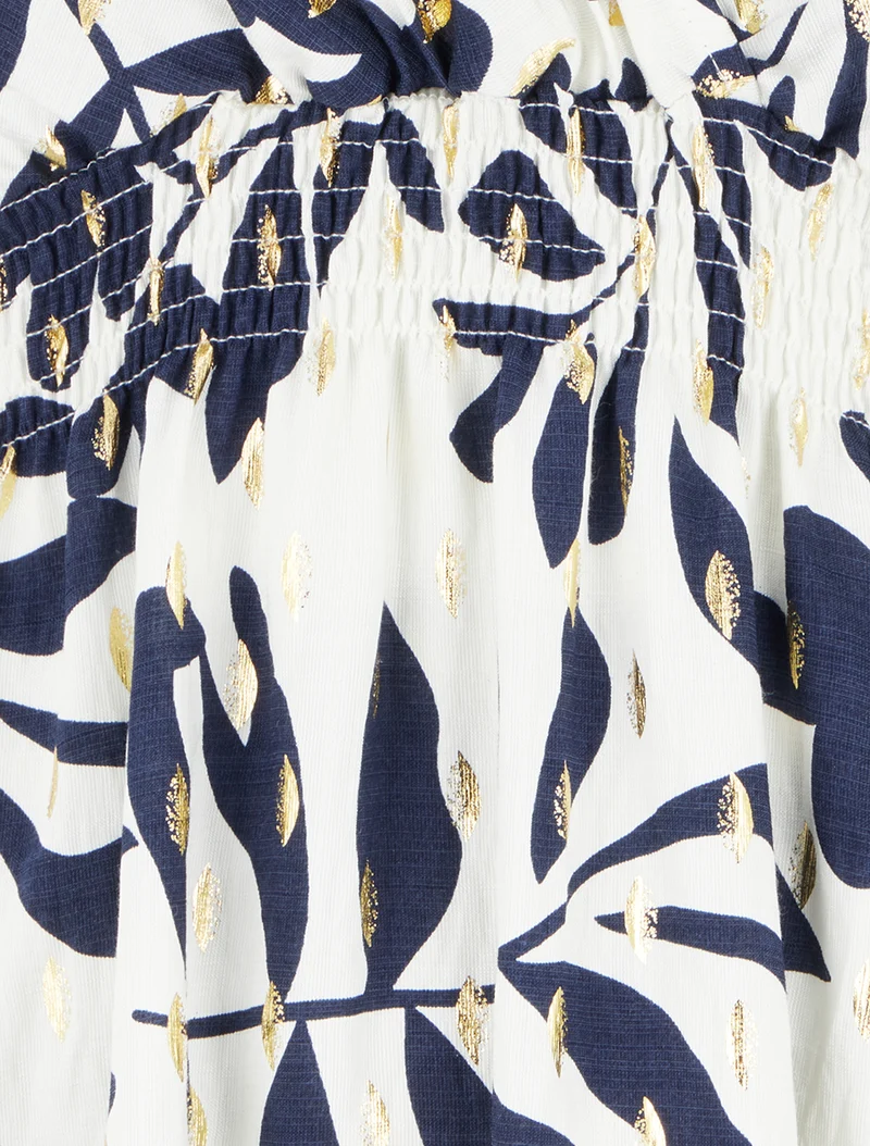 Kleid mit Blattmuster und elastischer Taille - Marine