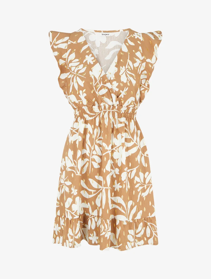Kleid mit Blattmuster und elastischer Taille - Kamel