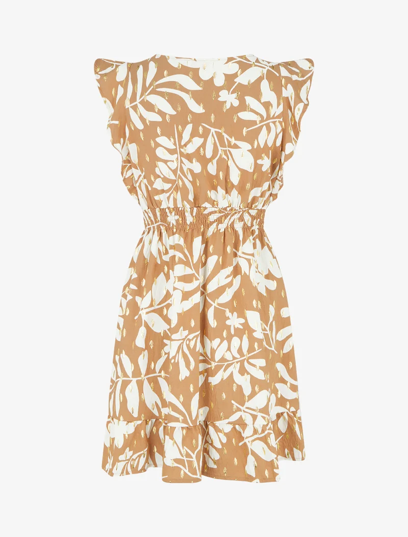 Kleid mit Blattmuster und elastischer Taille - Kamel