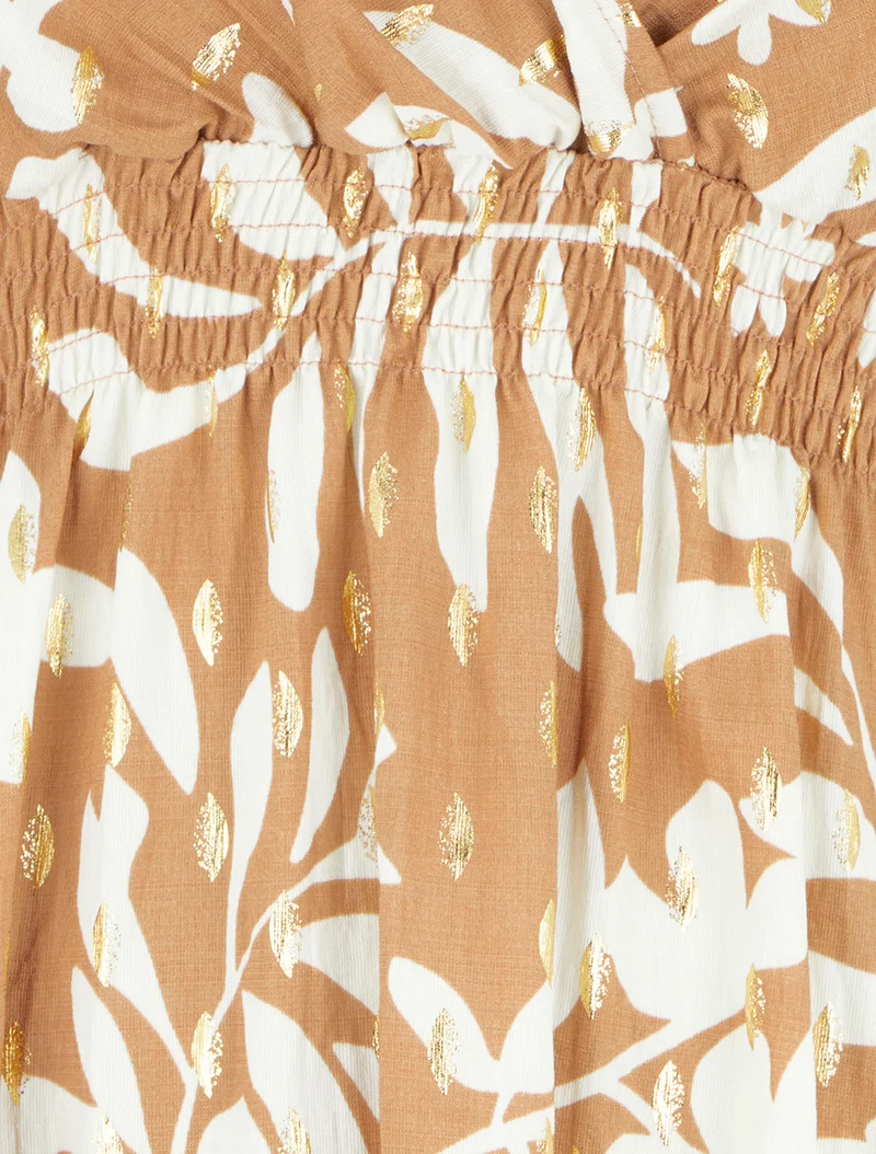 Kleid mit Blattmuster und elastischer Taille - Kamel