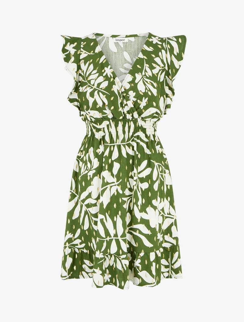 Kleid mit Blattmuster und elastischer Taille - Kaki