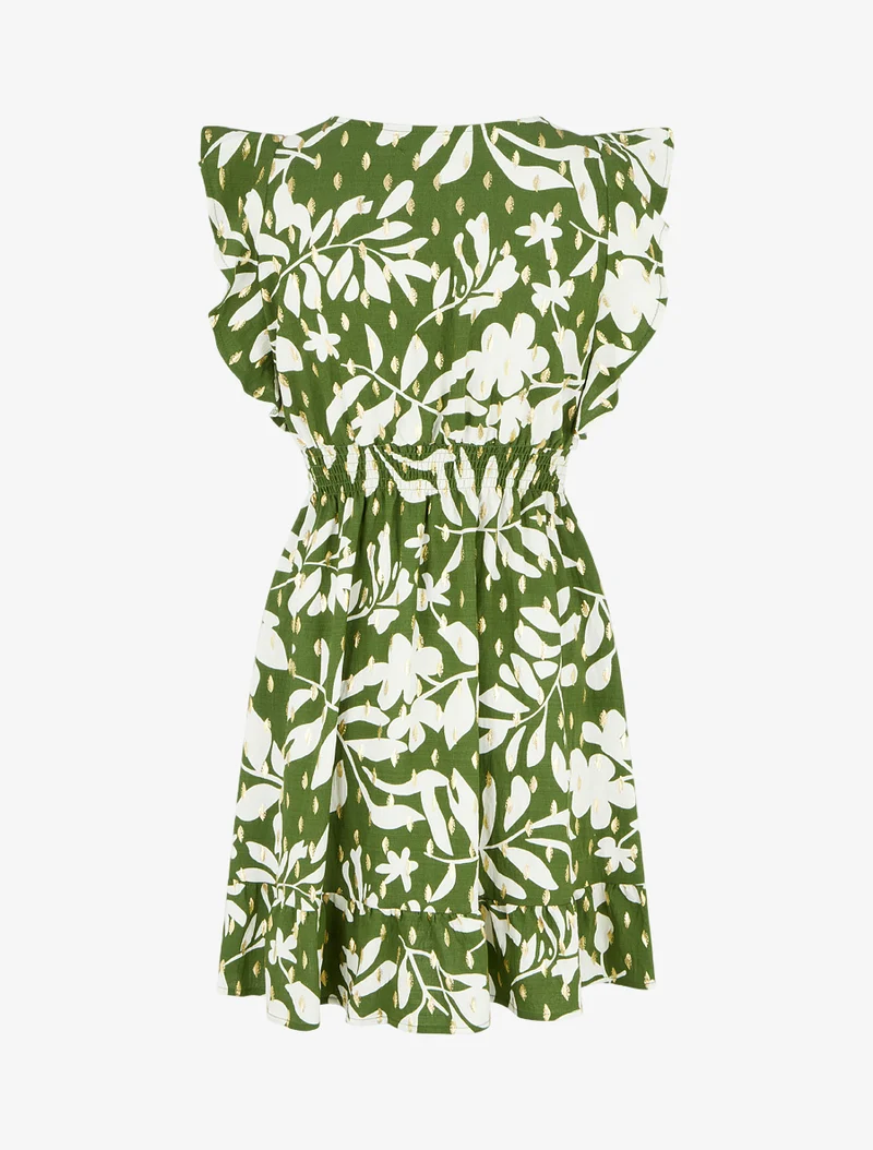 Kleid mit Blattmuster und elastischer Taille - Kaki