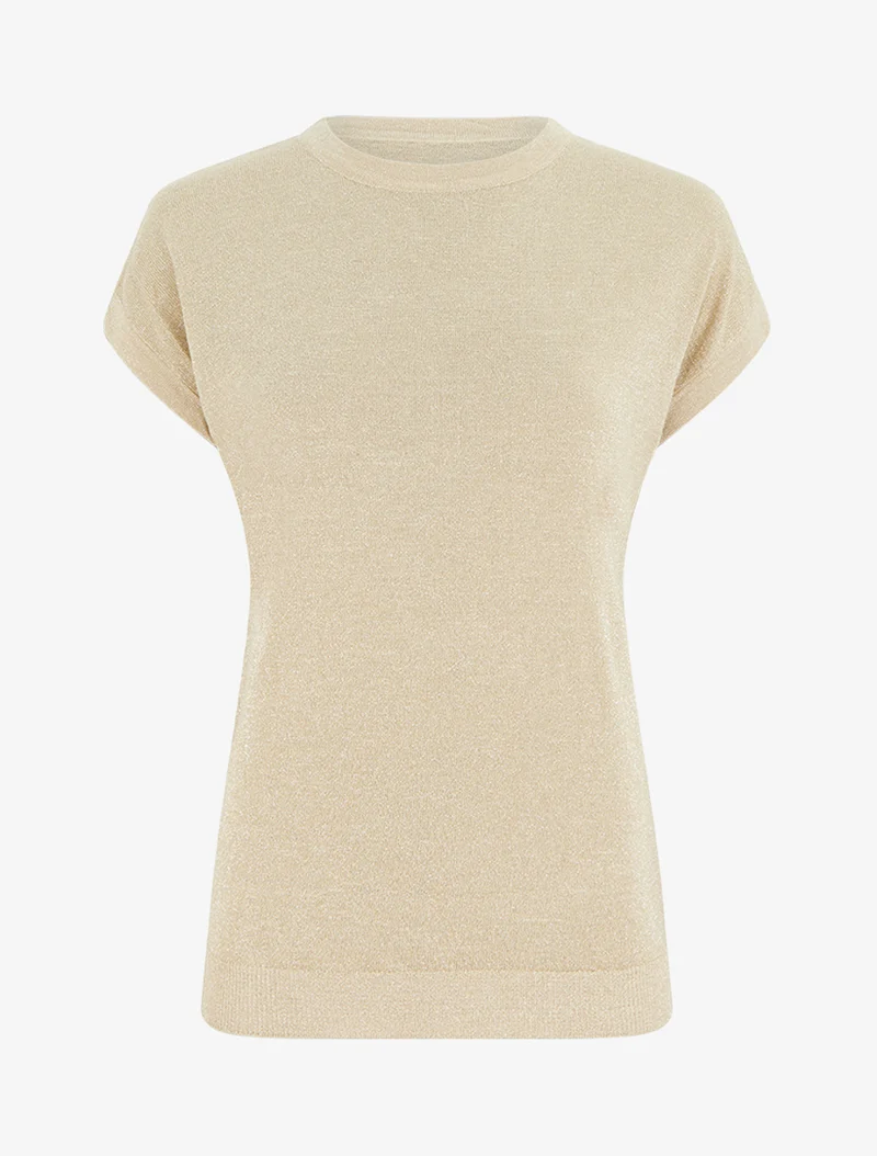 Rechtes Oberteil mit kurzen Ärmeln aus irisierendem Strick - Beige
