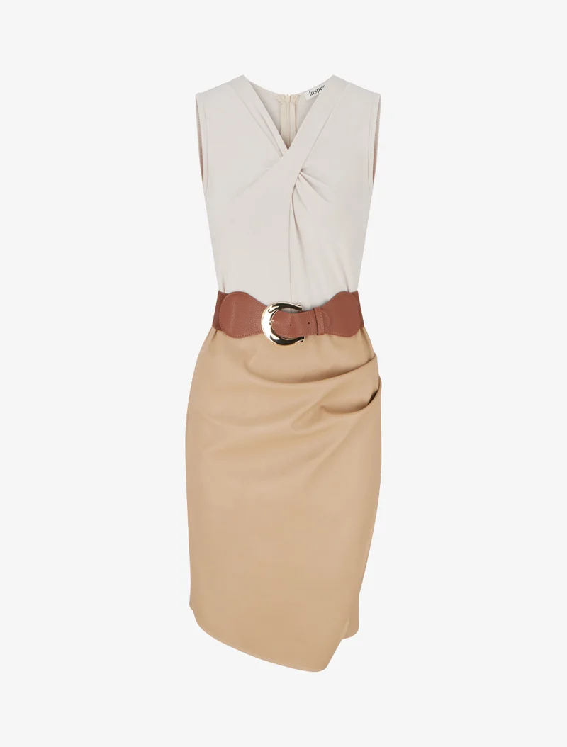 Zweimaterialiges Kleid mit V-Ausschnitt - Beige