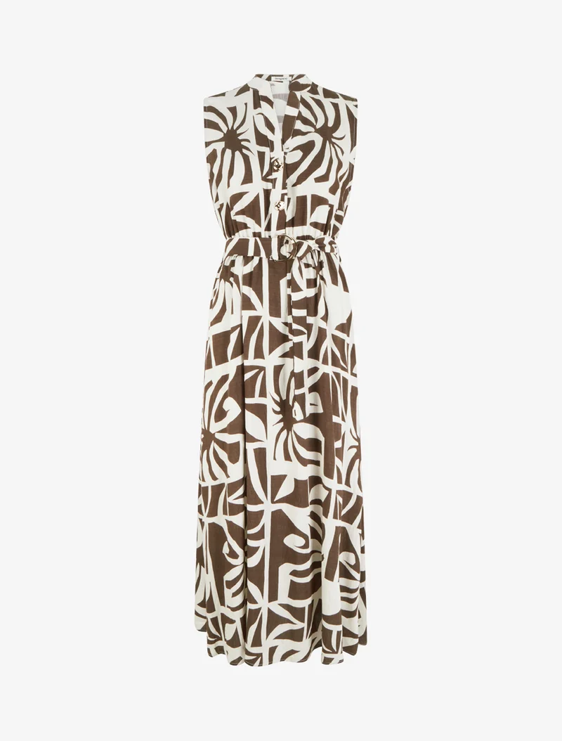 Langes Kleid mit stilisiertem Druck und dekorativen Knöpfen - Braun