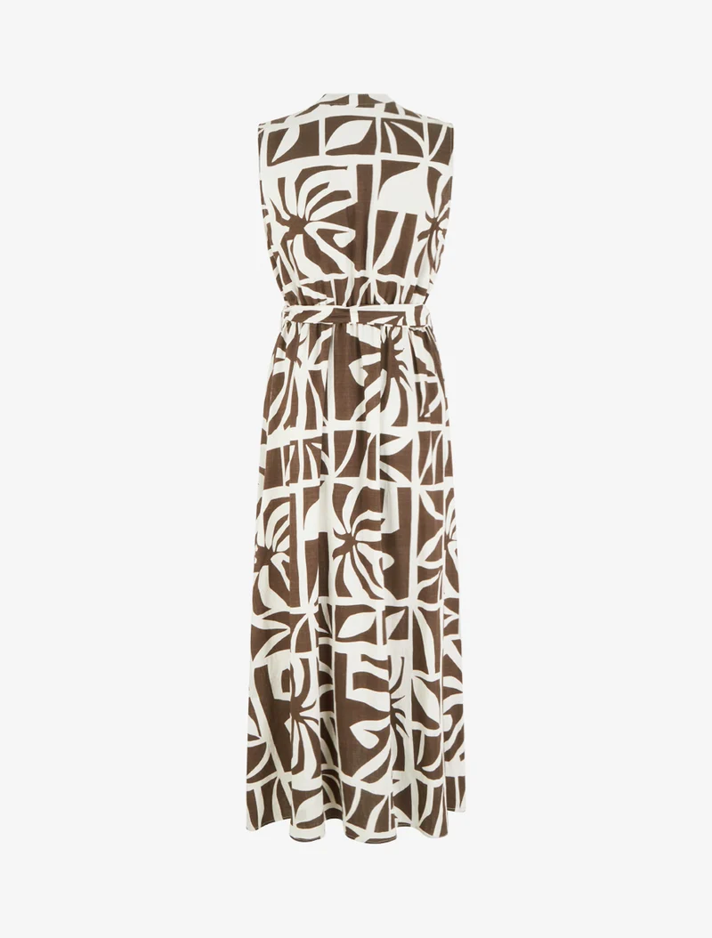 Langes Kleid mit stilisiertem Druck und dekorativen Knöpfen - Braun