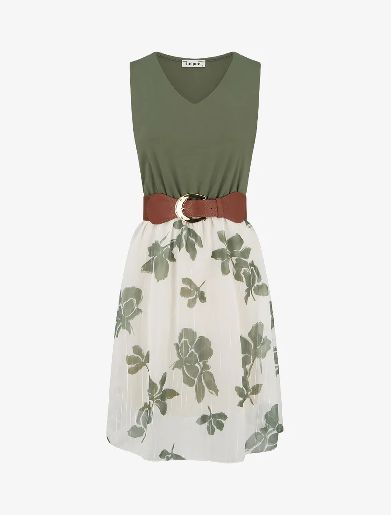 Ausgestelltes Kleid mit Blumenmuster - Kaki
