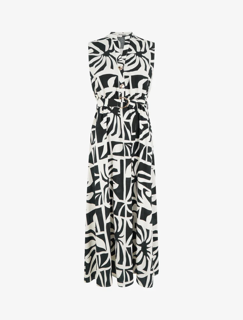 Langes Kleid mit stilisiertem Druck und dekorativen Knöpfen - Schwarz