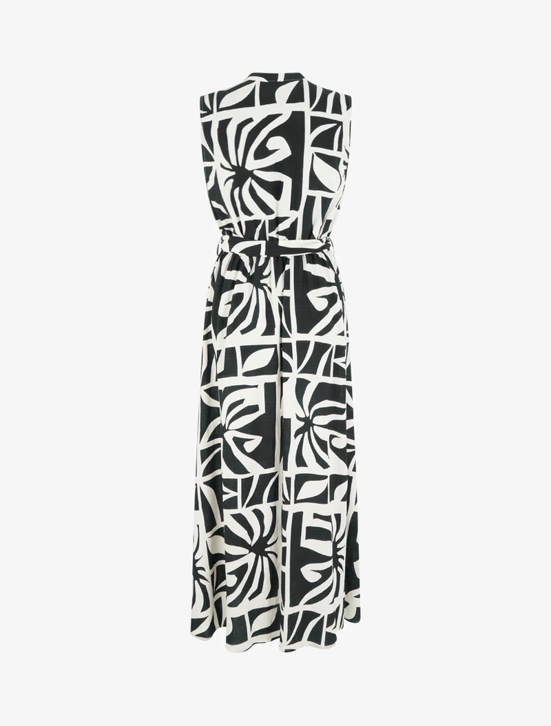 Langes Kleid mit stilisiertem Druck und dekorativen Knöpfen - Schwarz
