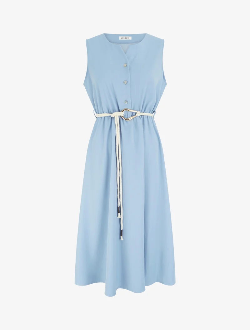 Langes einfarbiges Kleid mit elastischer Taille - Himmelblau