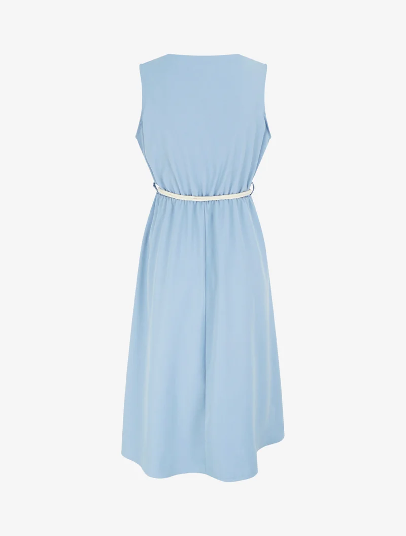 Langes einfarbiges Kleid mit elastischer Taille - Himmelblau