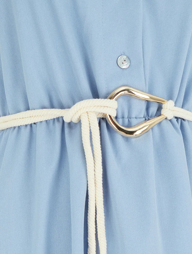 Langes einfarbiges Kleid mit elastischer Taille - Himmelblau