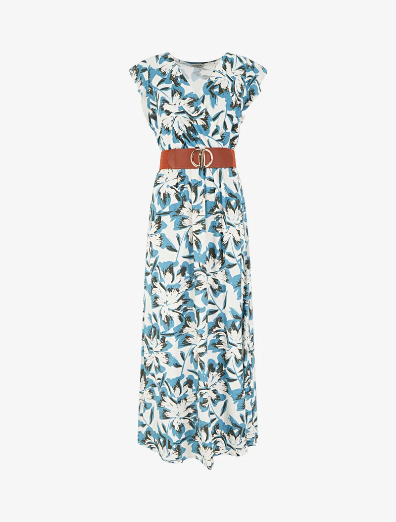 Langes geblümtes Kleid mit Flügelärmeln - Blau