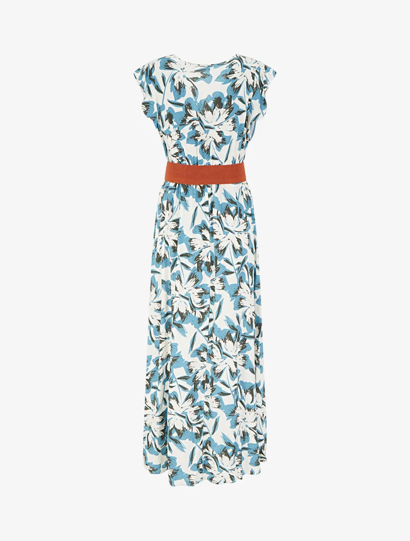 Langes geblümtes Kleid mit Flügelärmeln - Blau
